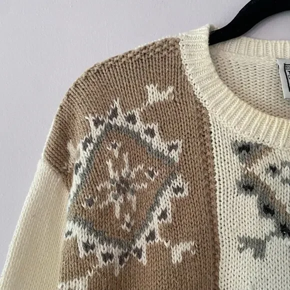 Vintage Russ Sport Grannycore White Brown Knit Chunky Crewneck Sweater Medium - Picture 3 of 8